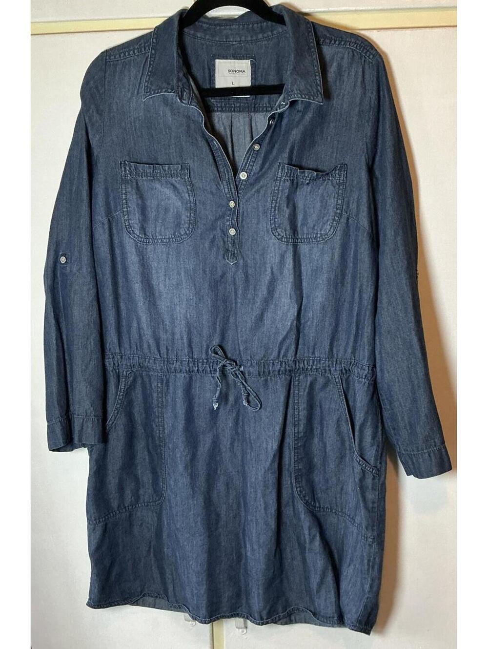 Sonoma Dress Large Long Sleeve Cotton Lyocell Blue Denim Drawstring Waist
